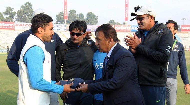 Karun Nair received his Test debut cap from Sunil Gavaskar
