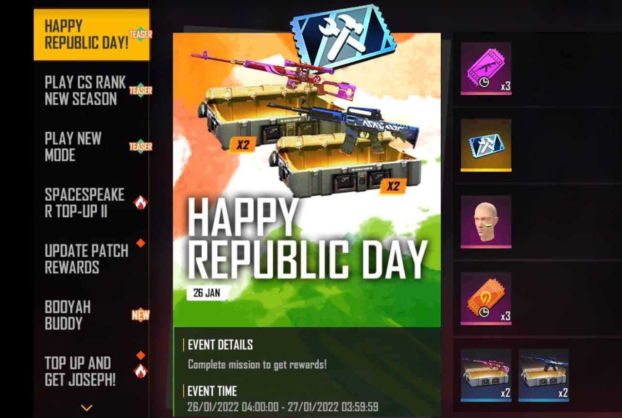 Garena Free Fire Happy Republic Day Event: Get amazing rewards including India Facepaint and different Weapon Loot Crates from the event