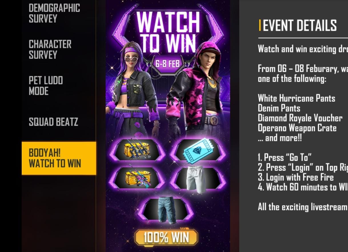 Free Fire Booyah Watch to win Event: Get Operano Weapon Loot Crate and many other items for free, All you need to know about the event