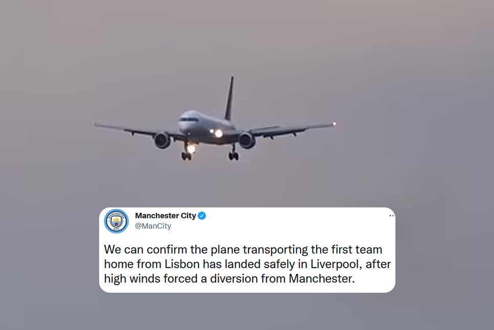 Manchester City: Scary moment as Manchester City's plane struggles to land at Manchester Airport as high winds divert them to Liverpool due to Storm Dudley