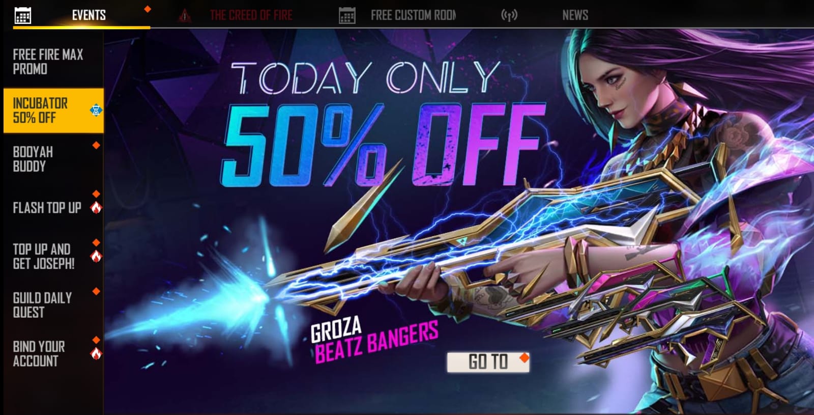 Garena Free Fire MAX Groza Beatz Bangers Incubator: Get 50% off on items Like Groza Thunder Electrified, offer valid for today only