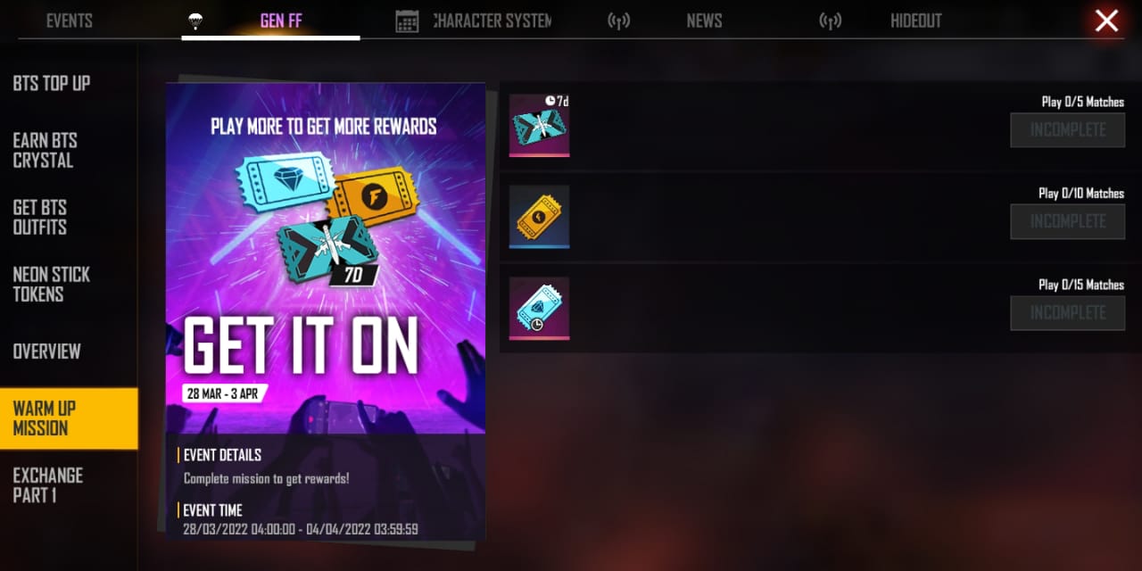 Free Fire MAX Warm-up Mission event: Get exciting items for free from the Get it on Event, Check More Details on the Free Fire Warm-up Mission Event