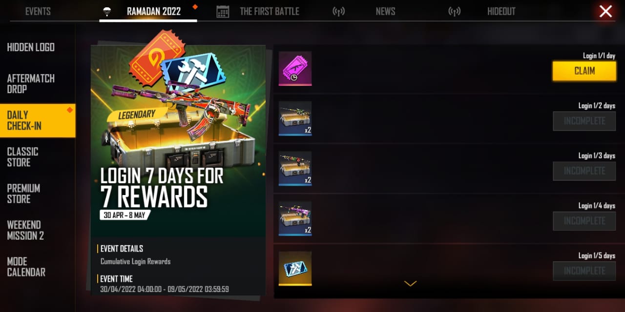 Free Fire Daily Check-in Event Rewards: Log in 7 days for seven exclusive rewards, Check for More Details, all you need to know about the event