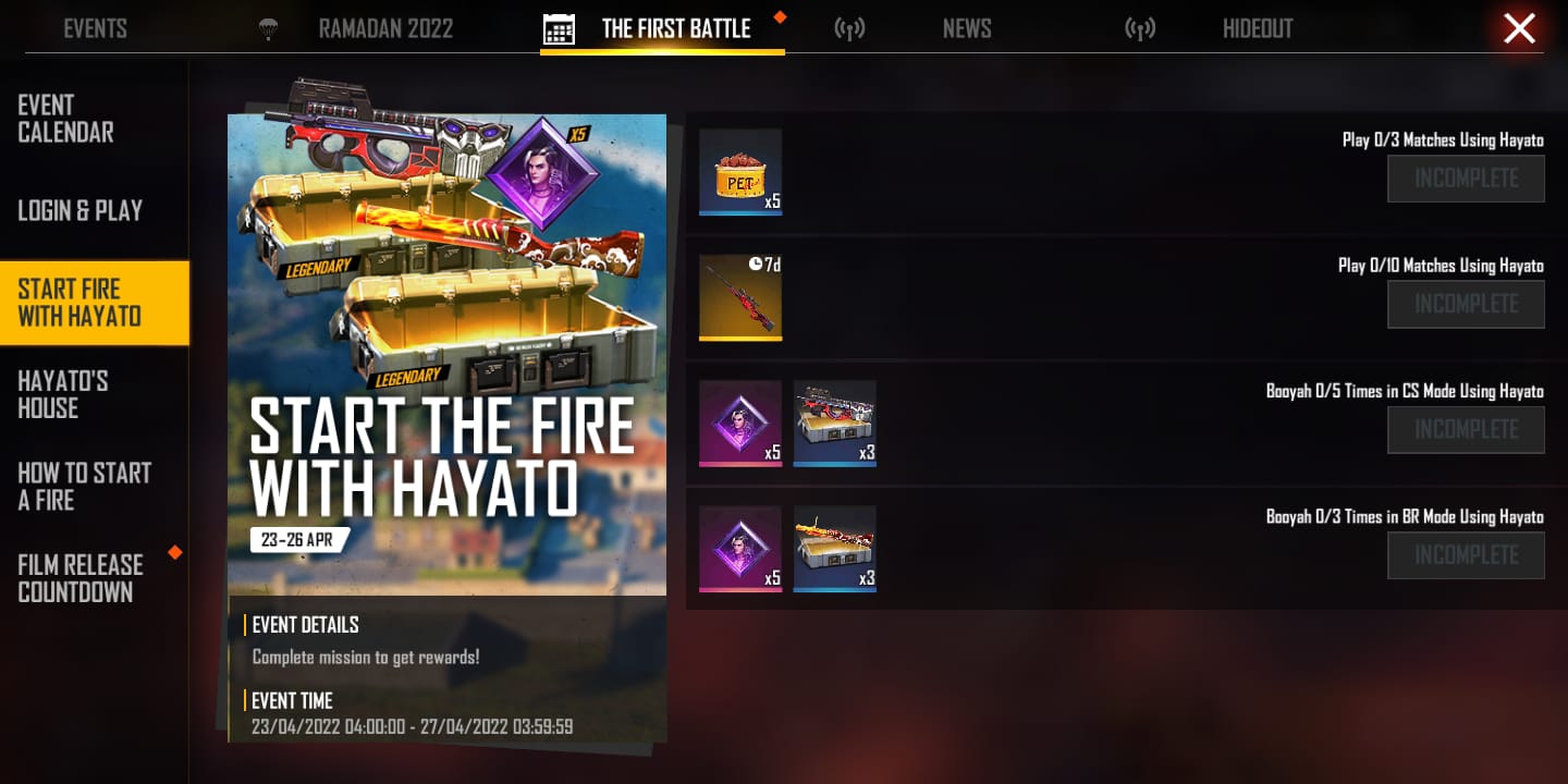 Free Fire Hayato Character: Check How to get it for free with other exclusive rewards, More Details on Login and Play Event, and Start Fire With Hayato event