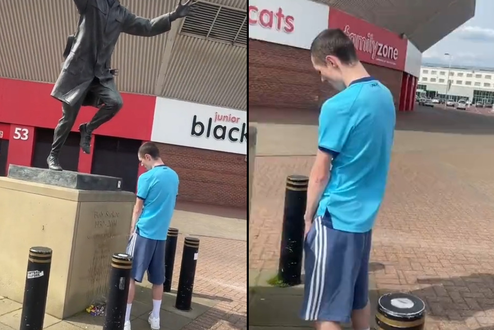 DISGUSTING! Newcastle fan URINATES on statue