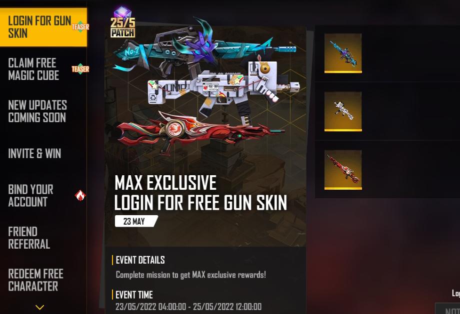 Free Fire Max Gun Skins: Check how to get one of three Free Fire exclusive Gun Skins for free, More Details, all about the Free Fire Login For gun Skin event