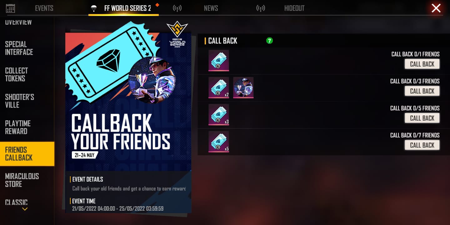FFWS Friends Callback Event: Get a chance to earn exclusive rewards by calling back your friends, More Details, all about the Free Fire Friends Callback event