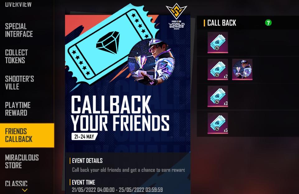 FFWS Friends Callback Event: Get a chance to earn exclusive rewards by calling back your friends, More Details, all about the Free Fire Friends Callback event
