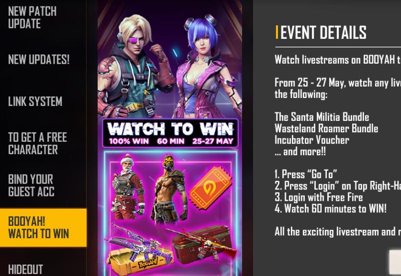 Free Fire Max Booyah Watch to Win Event: Get Santa Militia Bundle, Wasteland Roamer Bundle, and more from the event, all about the event and it's rewards