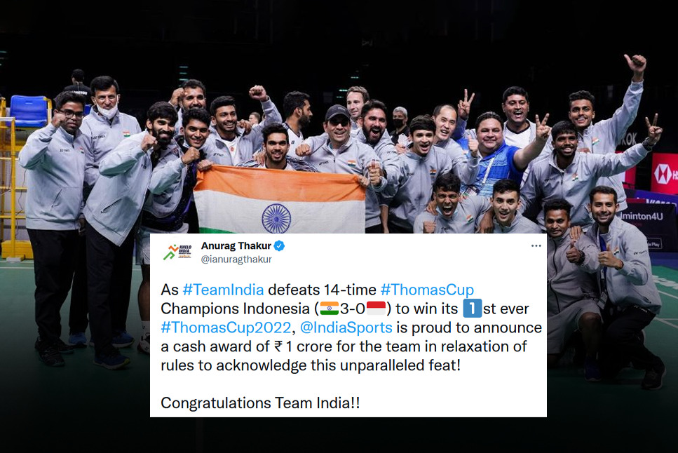 India Thomas Cup Champions: Sports Minister Anurag Thakur AWARDS Rs 1 crore to Men’s Badminton team, as India bag historic 1st Thomas Cup win