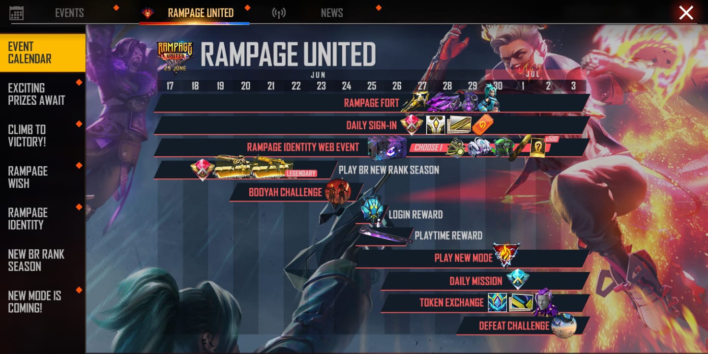 Free Fire Max Rampage United Event Calendar: Check out all the upcoming events and rewards, More Details on the Free Fire Rampage United Campaign