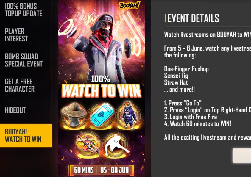 Free Fire Max Booyah Watch to Win Event: Get pets, emotes, and more for free by watching clips, More Details on the Free Fire Booyah Watch to win Event
