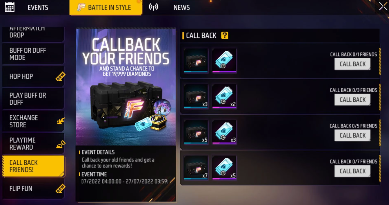 Free Fire Call Back friends Event