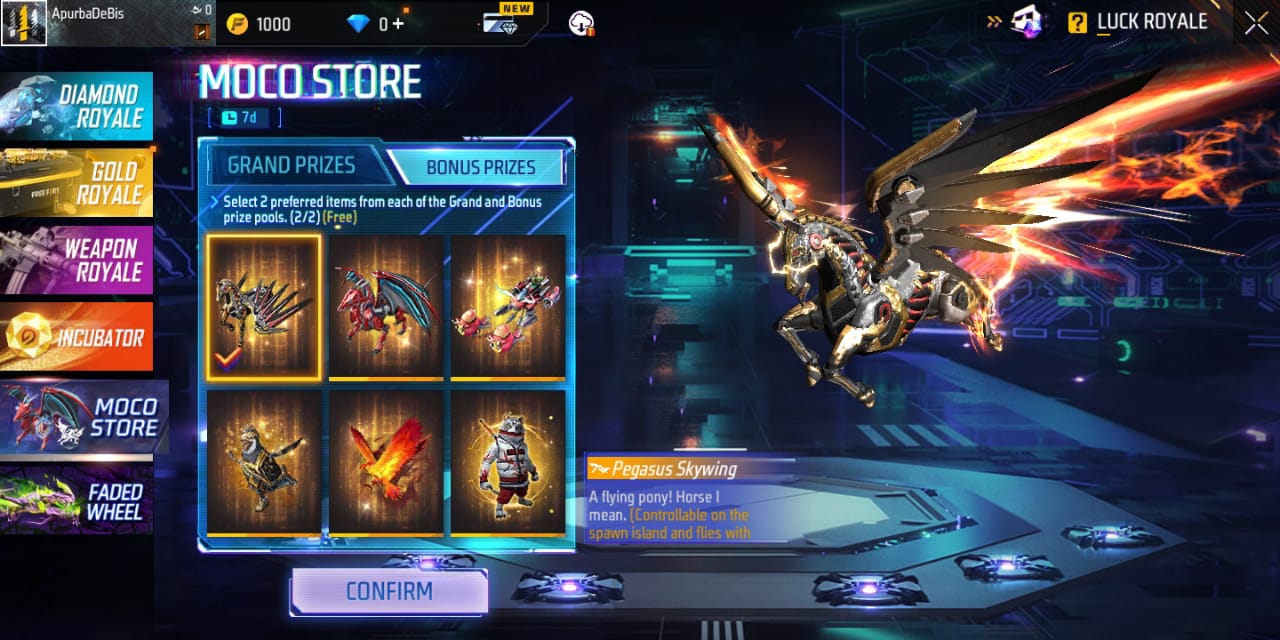 Free Fire MAX Moco Store Event: Get a chance to win arrival animations like charge, Pegasus Skywing, and more (Image via Garena)