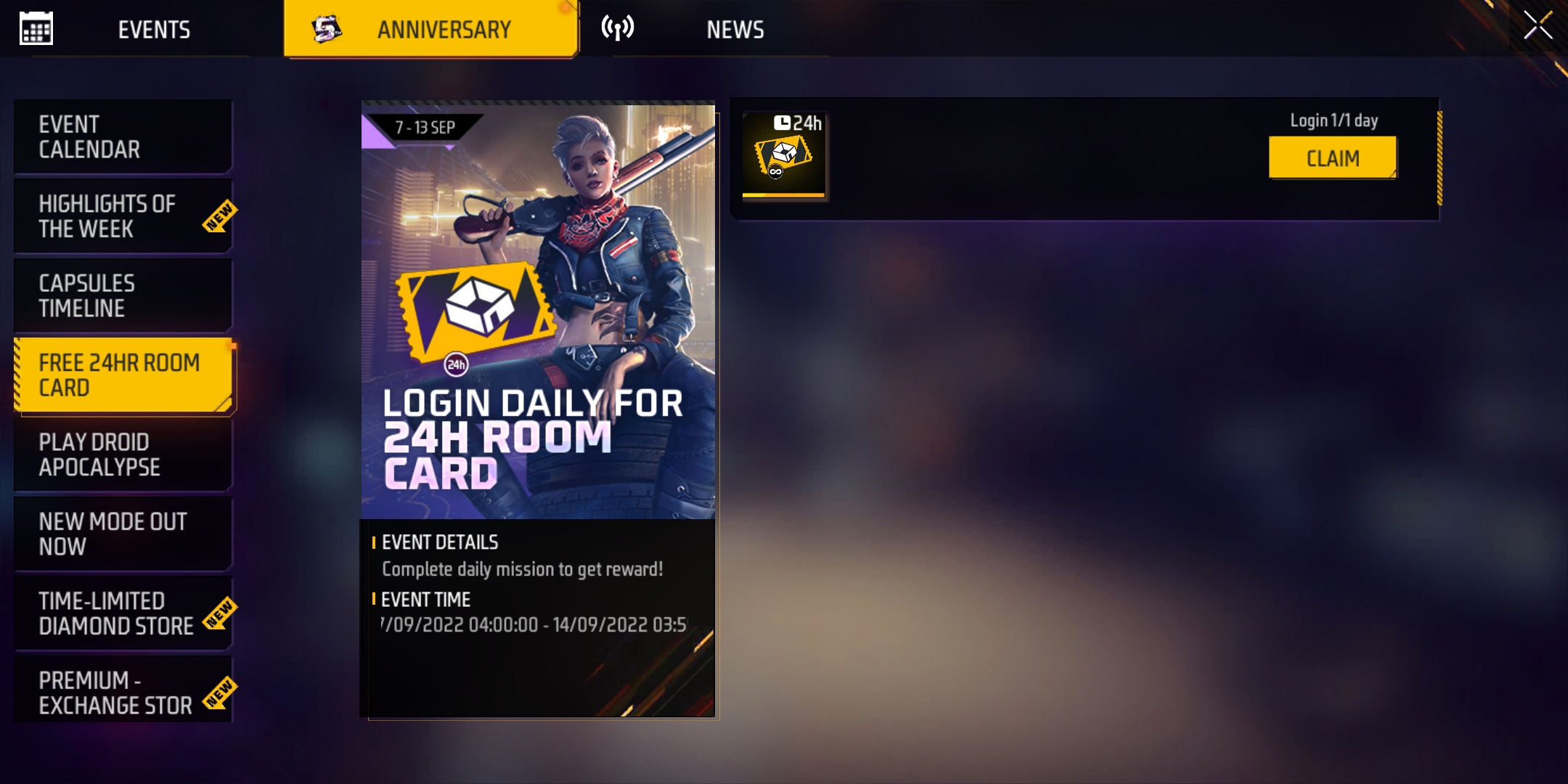 Free Fire MAX Free 24HR Room Card: Complete mission and earn reward