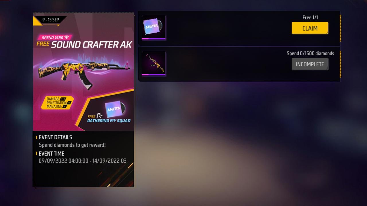 Free Fire MAX Spend and Claim Event: Spend 1500 Diamonds to get AK47 Sound Crafter gun skin. All about the Free Fire Spend & Claim Event and its rewards