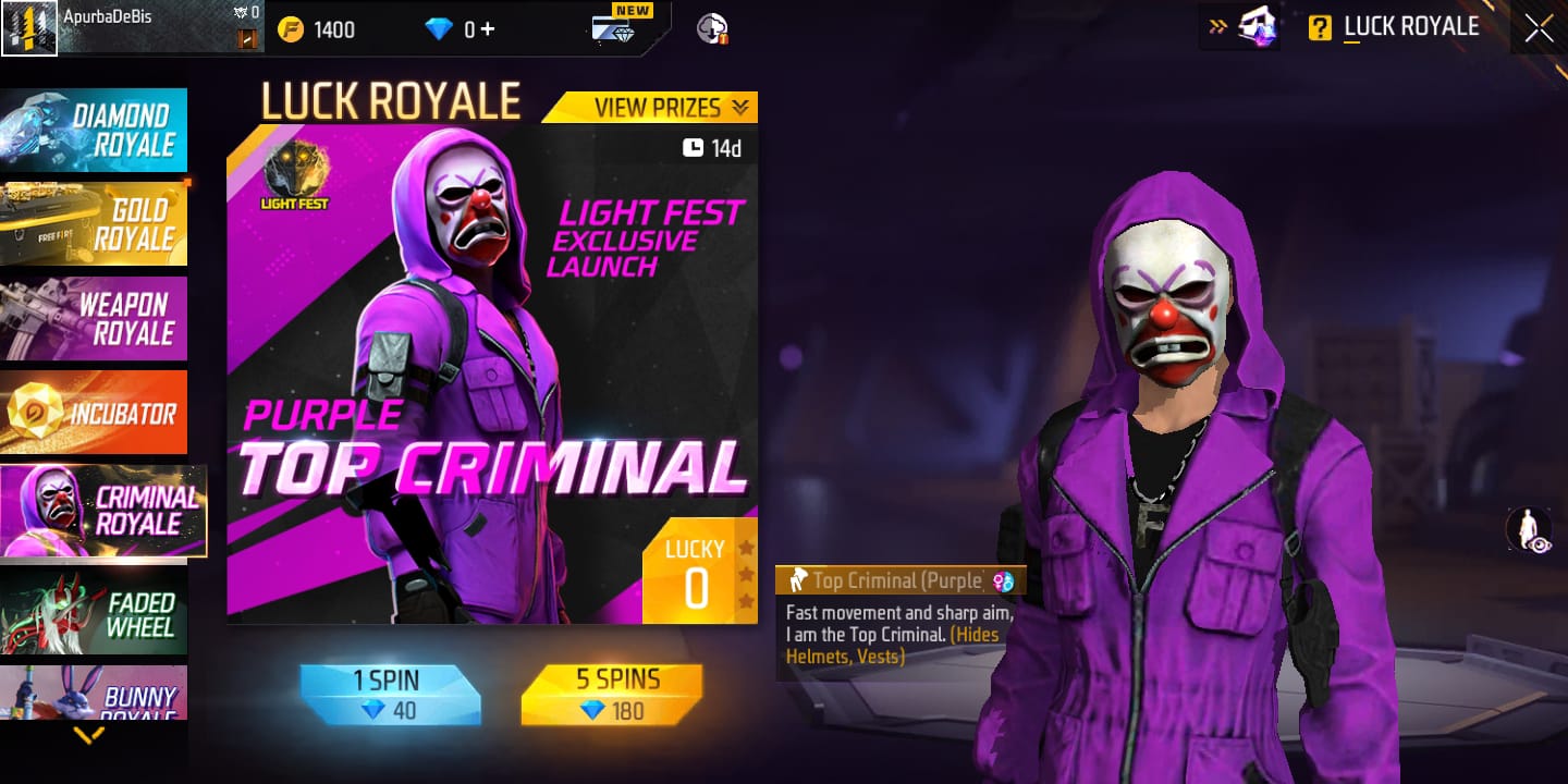 Free Fire MAX Criminal Royale Event: Get Purple Top Criminal Bundle in-game as the new Luck Royale event goes live, All you need to know about the event