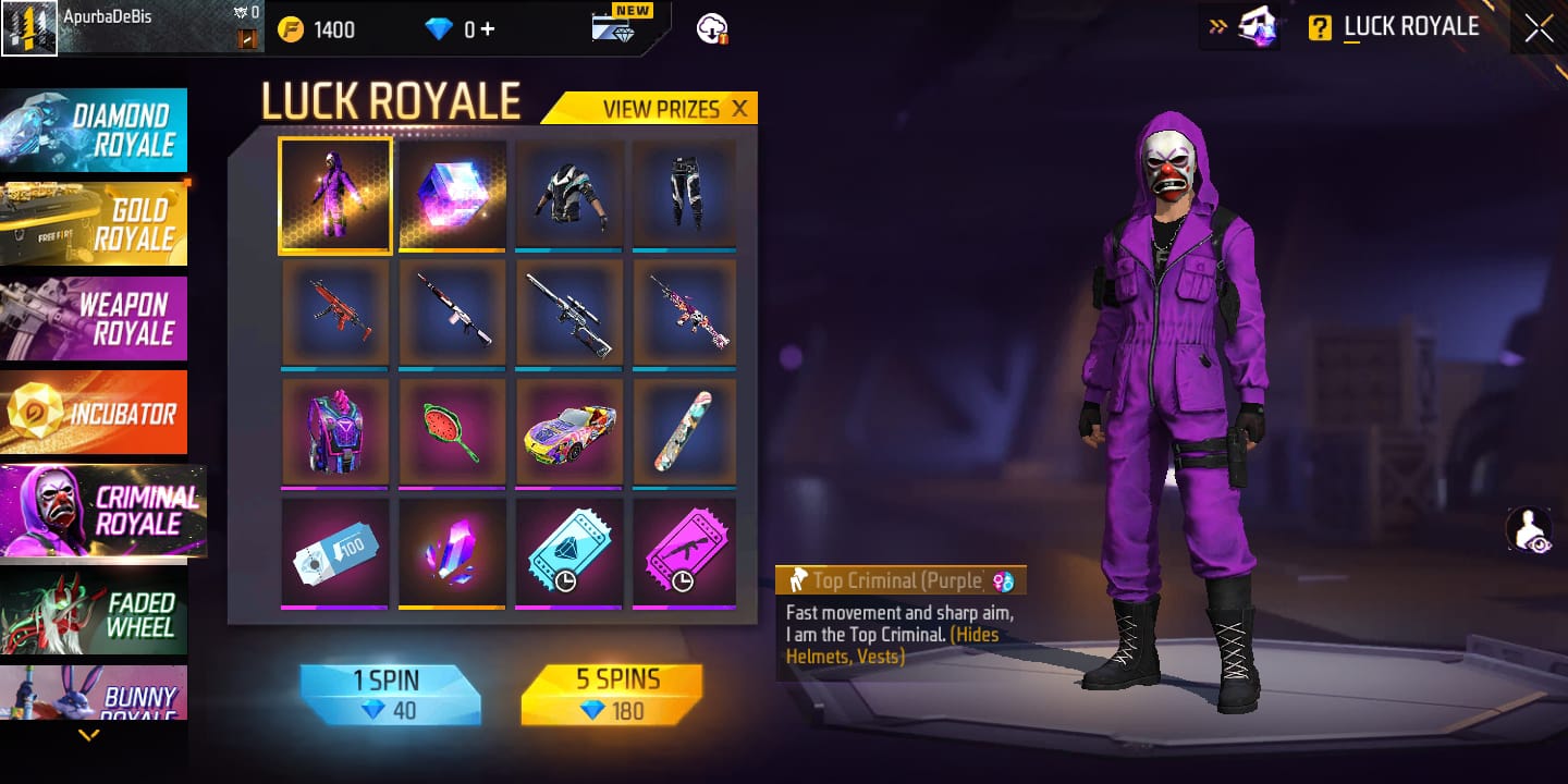Free Fire MAX Criminal Royale Event: Get Purple Top Criminal Bundle in-game as the new Luck Royale event goes live, All you need to know about the event