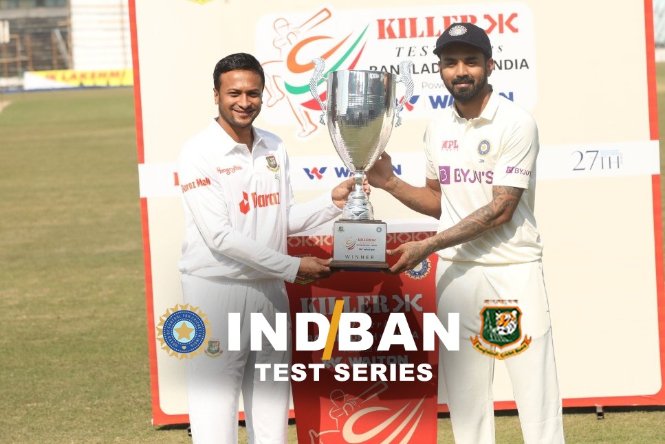 IND BAN Test Series: Trophy unveiled for two-match Test series between India & Bangladesh, KL Rahul, Shakib Al Hasan pose with the glittering Cup – Check Out 
