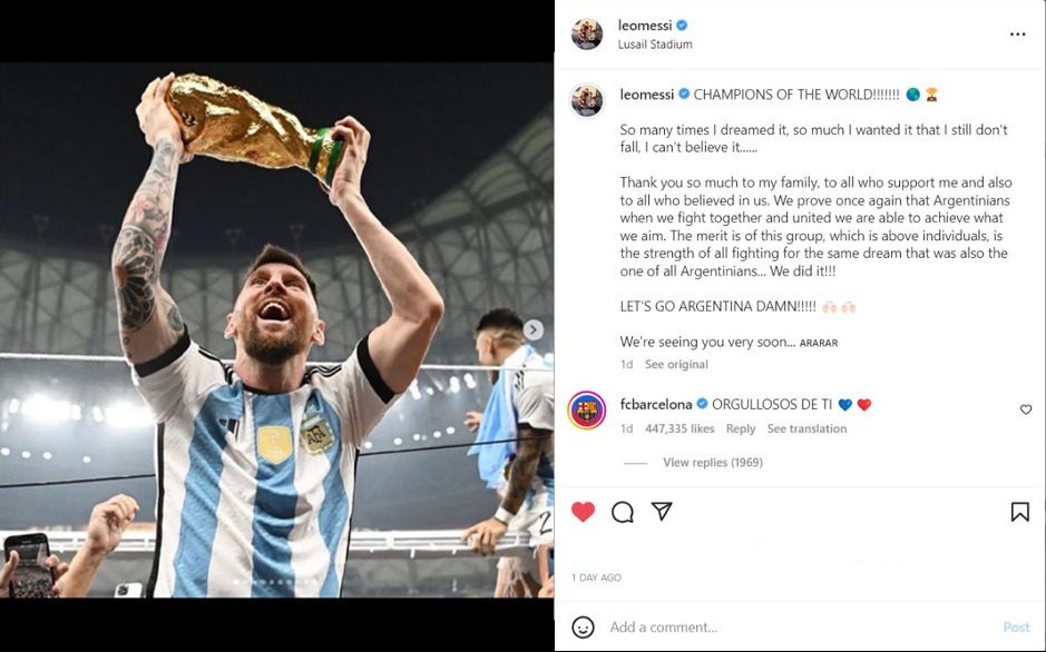 Piala Dunia Messi, Posting Instagram Lionel Messi, Lionel Messi berpose bangun dengan trofi Piala Dunia FIFA di Instagram, Pualo Dybala, FINAL Argentina vs Prancis