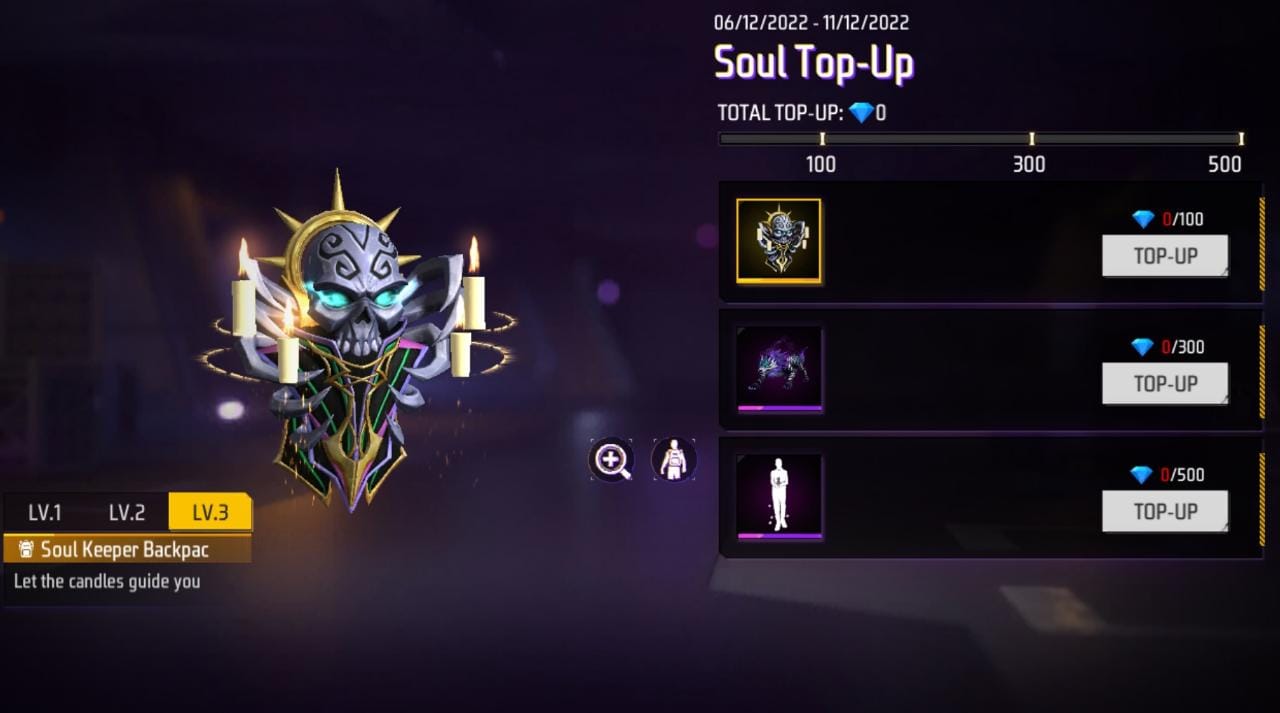 Free Fire MAX Soul Top-up Event - Collect a new Emote, Pet skin, and a backpack FREE by topping up diamonds, all about the Free Fire Soul Top-up event.