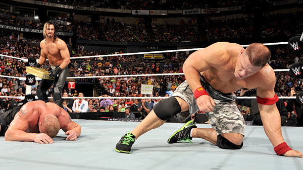 Watch: John Cena battle furious Brock Lesnar and Seth Rollins in a fight to death for the WWE Title at Royal Rumble 2015