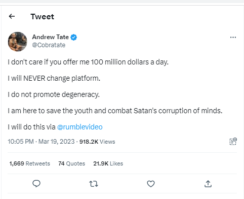 Andrew Tate Major Update: '100 million dollars a day'- Arrested Millionaire Andrew Tate makes major revelation about his Social Media platform from Jail