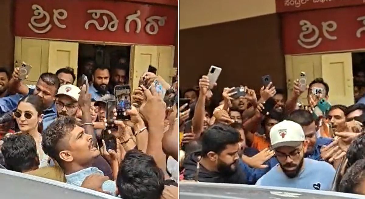 RCB vs RR: ‘RCB RCB RCB’ Watch crowd cheer for Superstar Virat Kohli & Anushka Sharma outside Malleshwaram restaurant in Bangalore