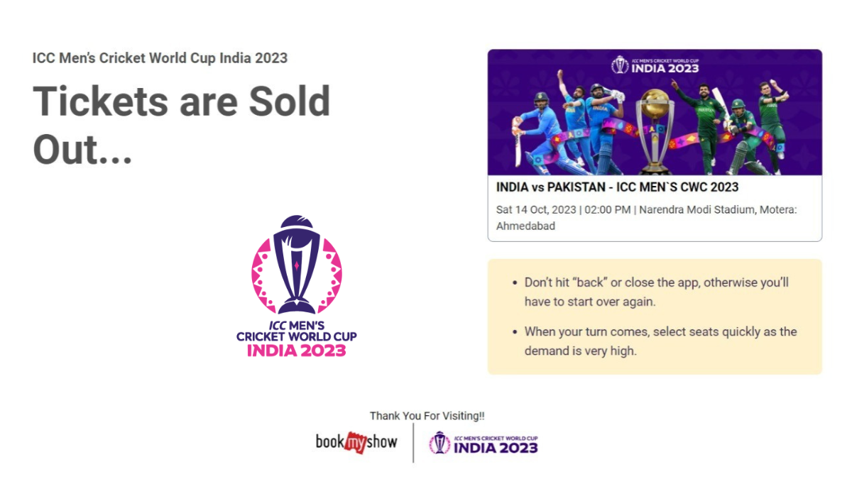 The India vs Pakistan tickets for ICC World Cup 2023 were sold out in less than 2.5 hours, Fans blamed BookMyShow for poor service
