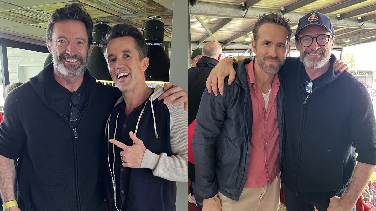 Hugh Jackman, Ryan Reynolds, Rob McElhenney at Wrexham game