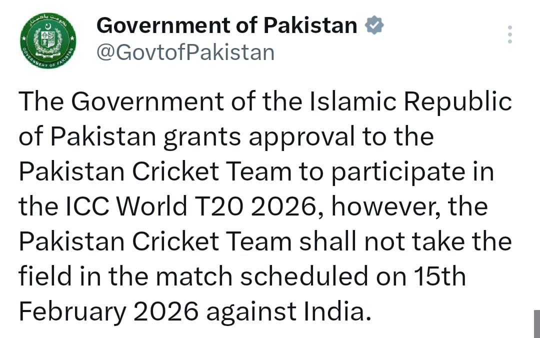 Pakistan to boycott India match in T20 World Cup 2026, PAK government instructs PCB